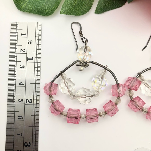 Handmade Artisan Beaded Sterling Silver Hoop Dangle Earrings Barbiecore Pink AB - Picture 9 of 12